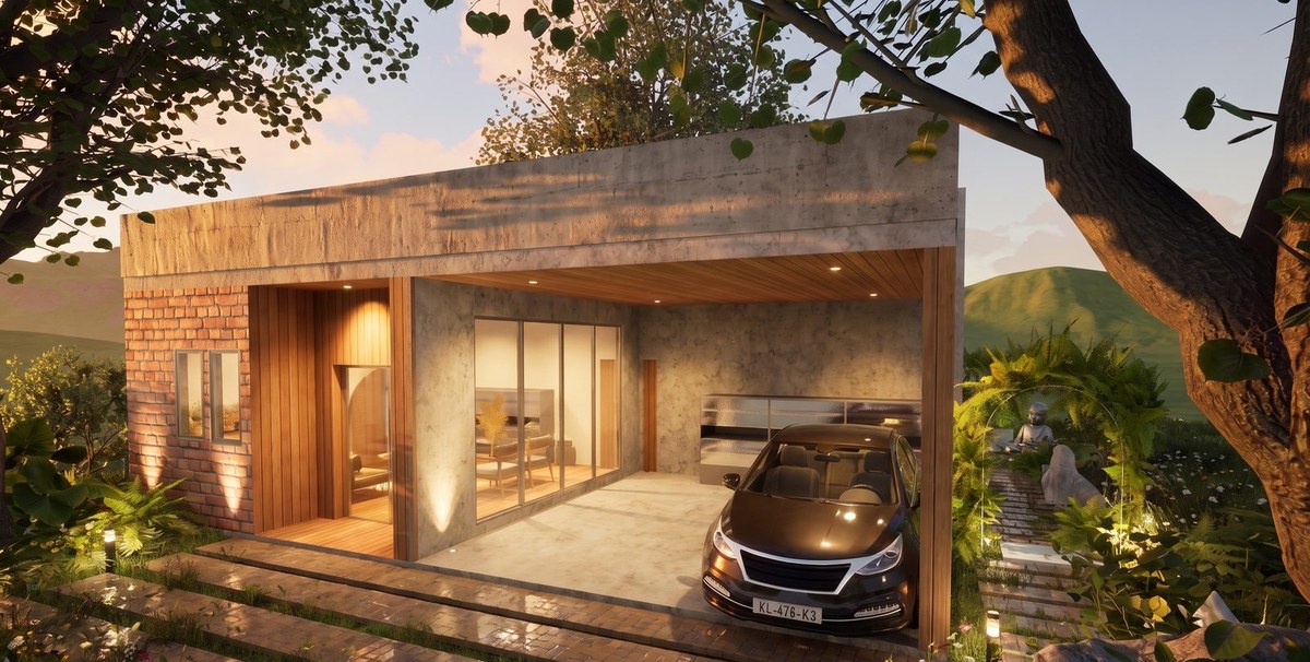 Casa campestre Los Robles 34 en Zapopan, Jalisco: fachada de concreto, ladrillo y madera al atardecer — AVives Arquitectos