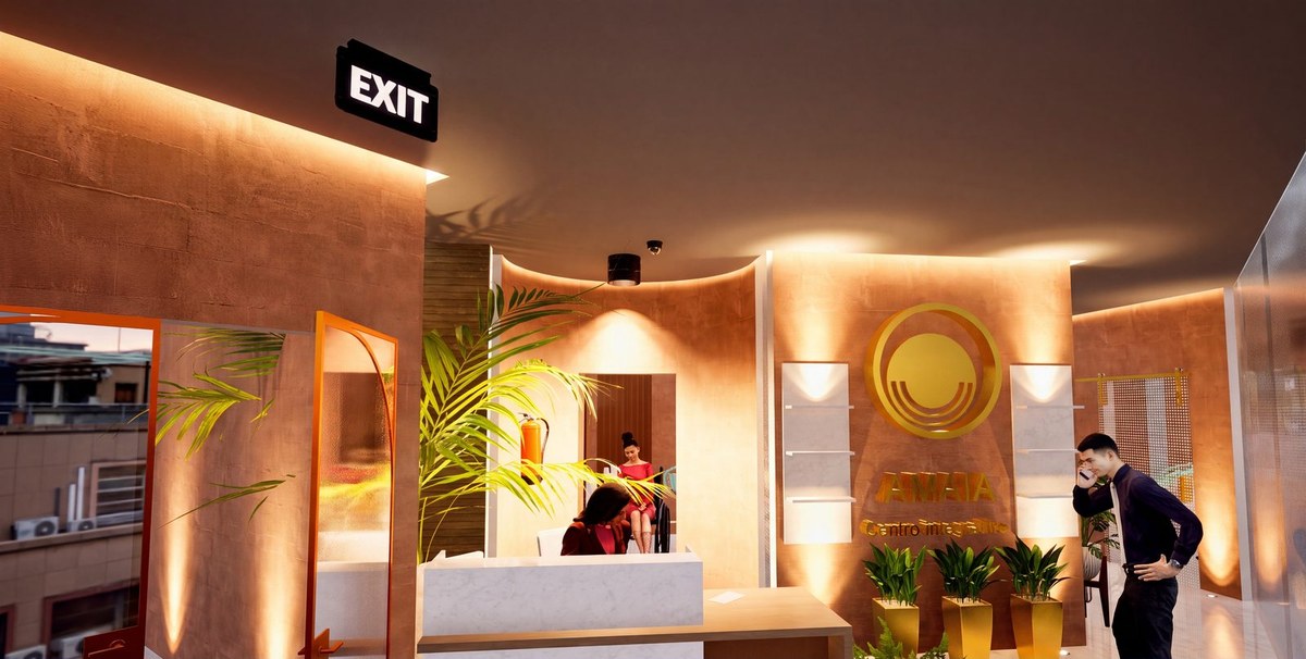 Recepción de la clínica Amaia Centro Integrativo en Mérida, Yucatán: muros texturizados y luz cálida — AVives Arquitectos