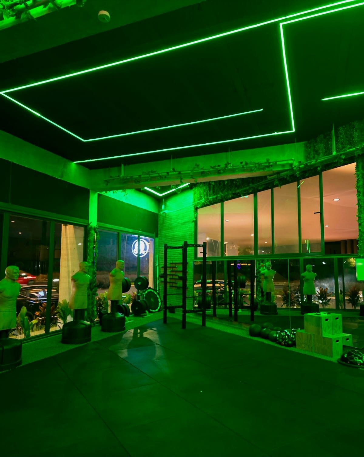 Gimnasio Jungle Fitness Studio en El Campanario, Querétaro: sala de entrenamiento con iluminación lineal verde — AVives Arquitectos
