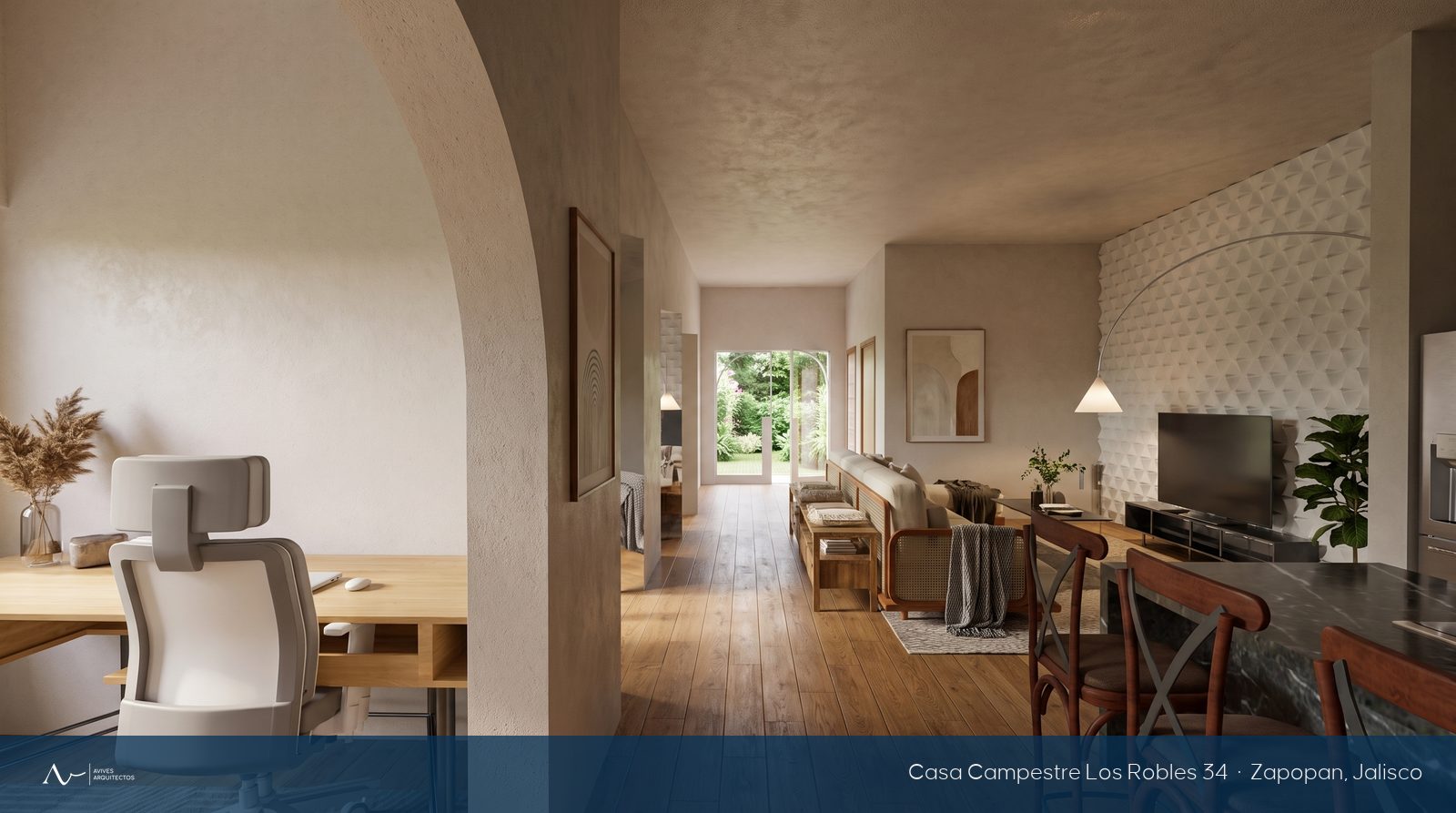 Comedor con arcos abierto al patio, casa campestre en Zapopan