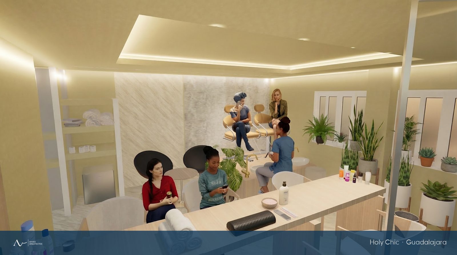 Render del interiorismo propuesto para el salón de belleza Holy Chic