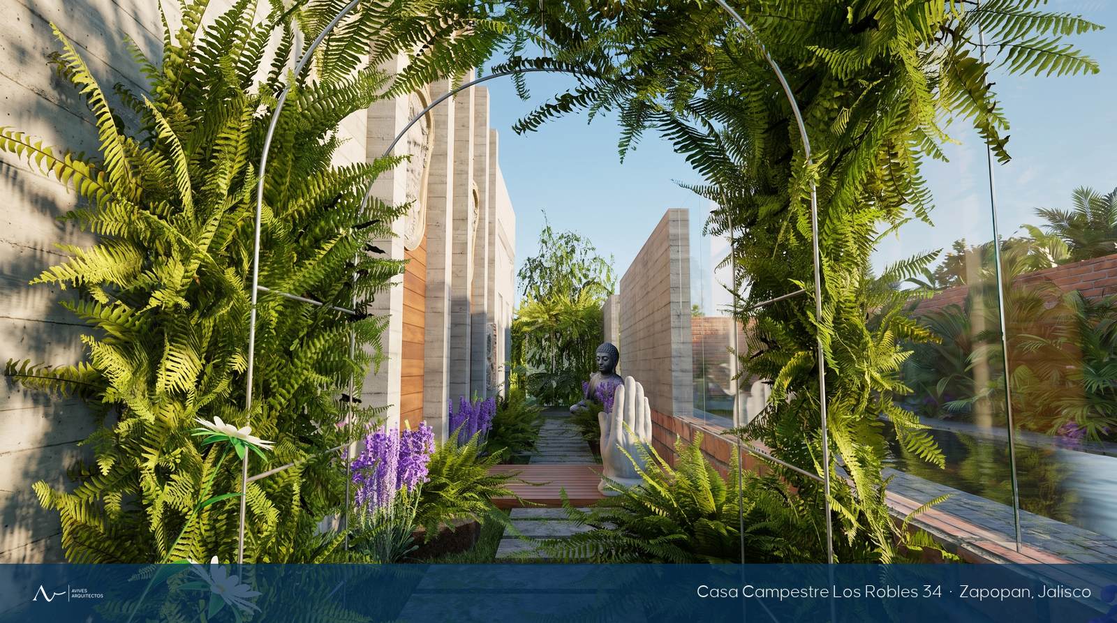 Pasillo ajardinado de transición, casa campestre en Zapopan