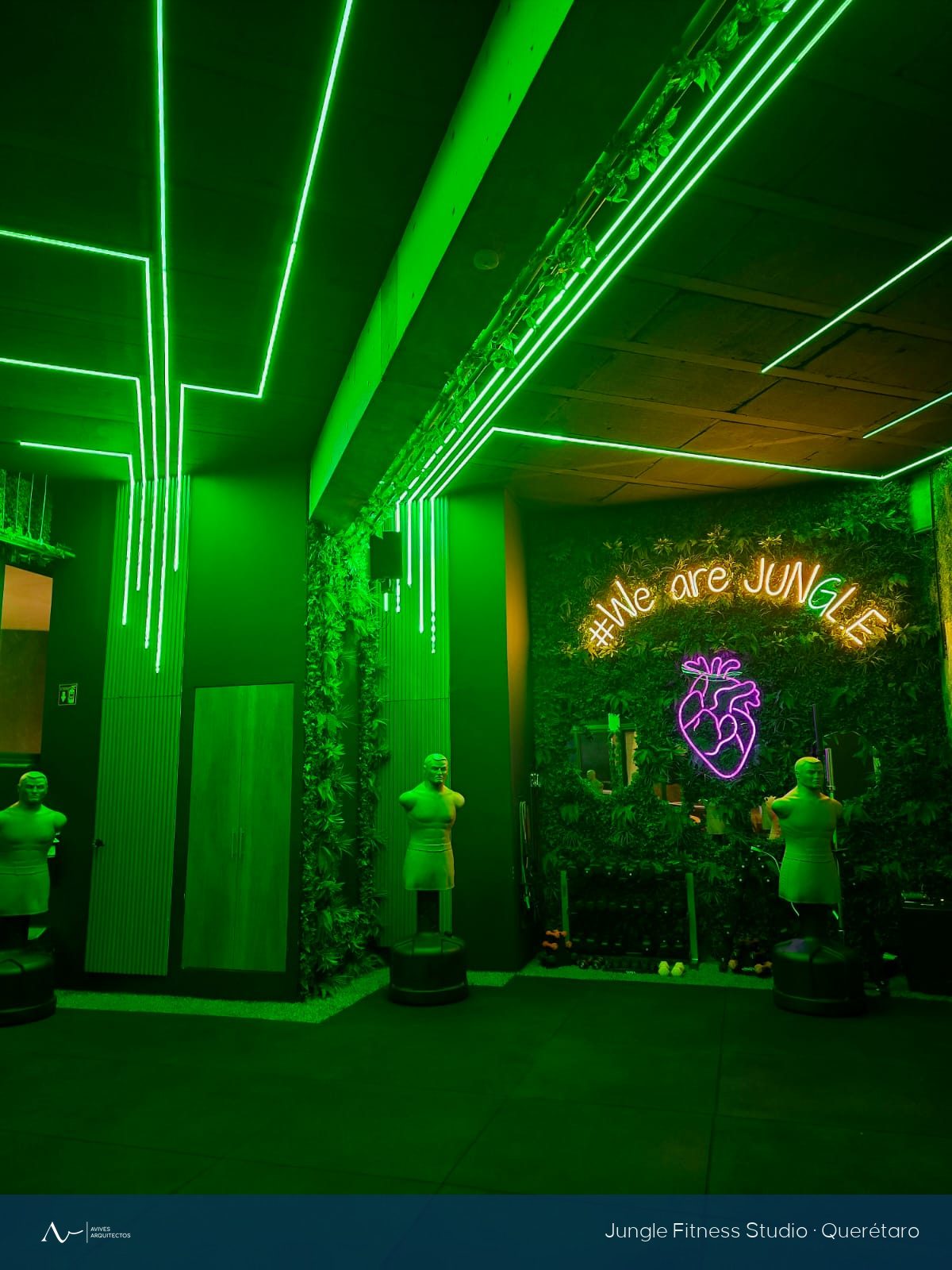 Zona de máquinas del gimnasio con rótulo de neón y vegetación